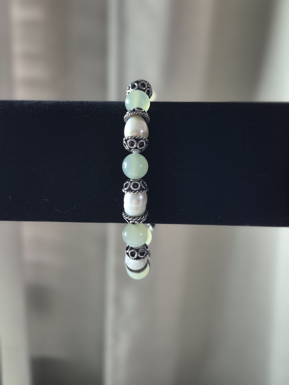Artisan Pale Jade, Baroque Pearls and Sterling Silver Bracelet